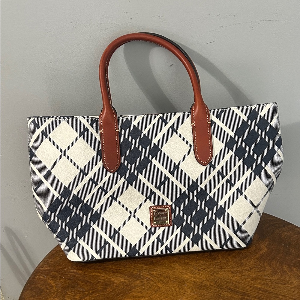 Dooney & Bourke Navy and White Plaid Tote with Brown Leather Handles